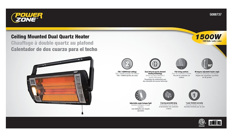 PowerZone QGW15-602 Ceiling-Mounted Dual Quartz Heater, 12.5 A, 120 V, 1500 W, Black