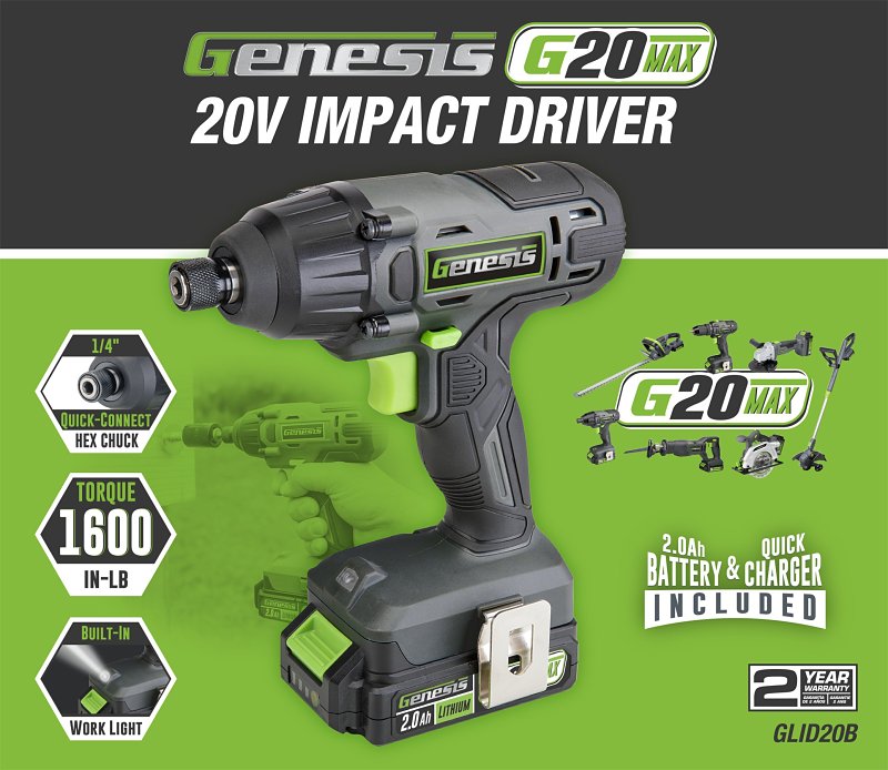 Genesis G20 MAX GLID20B Impact Driver, Battery Included, 20 V, 2 Ah, 1/4 in Drive, Hex Drive, 0 to 3600 ipm