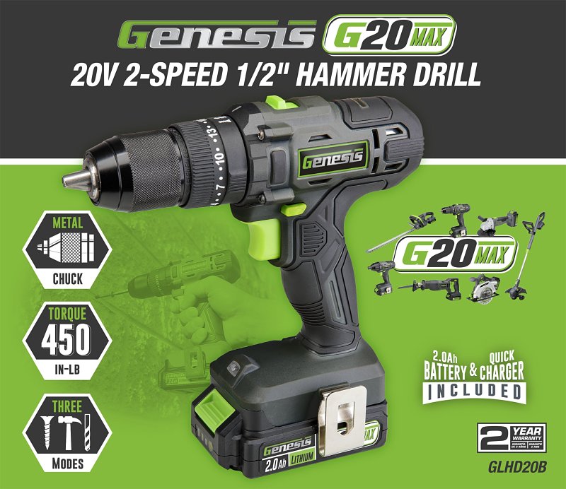 Genesis G20 Max Series GLHD20B Hammer Drill, Battery Included, 20 V, 2 Ah, 1/2 in Chuck, Ratcheting Chuck