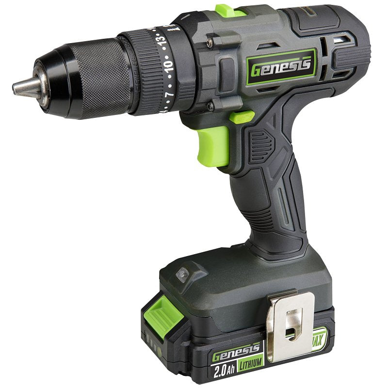 Genesis G20 Max Series GLHD20B Hammer Drill, Battery Included, 20 V, 2 Ah, 1/2 in Chuck, Ratcheting Chuck
