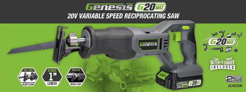 Genesis G20 Max Series GLRS20B Variable Speed Reciprocating Saw, Battery Included, 20 V, 2 Ah, 1 in L Stroke