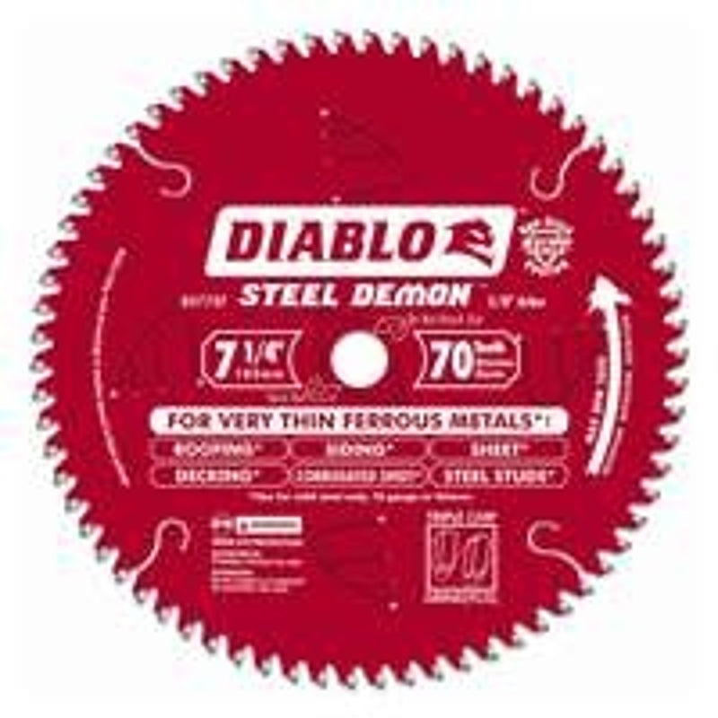 Diablo Steel Demon D0770FA Circular Saw Blade, 7-1/4 in Dia, 5/8 in Arbor, 70-Teeth, TiCo Carbide Cutting Edge, Pack of 5