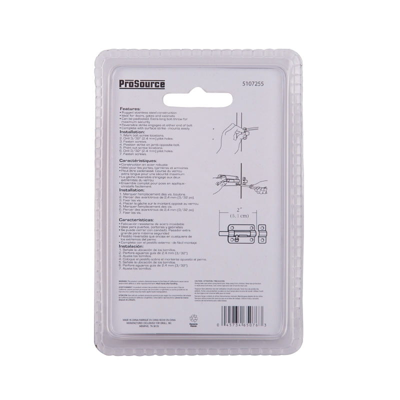 ProSource SS-B02-PS Barrel Bolt, 0.31 Dia in Bolt Head, 2 in L Bolt, Stainless Steel, Stainless Steel