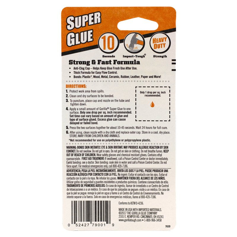 Gorilla 7900102 Super Glue, Liquid, Irritating, Straw/White Water, 3 g Tube