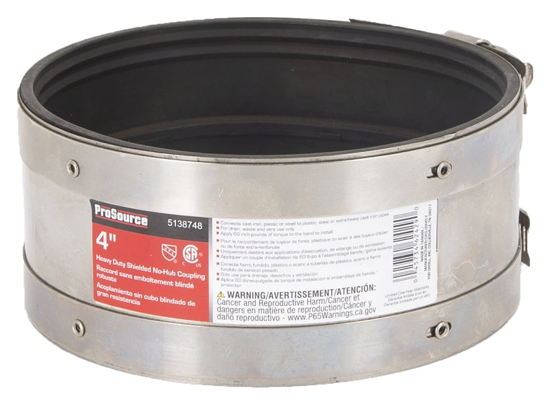 ProSource KJ-006 Coupling, 4 in, Cast Iron, Plastic or Steel to Plastic, Steel or Extra-Heavy Cast Iron Pipes