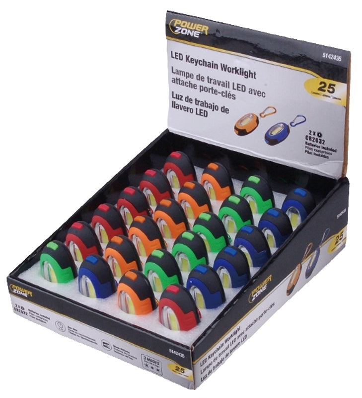 PowerZone 12622 Work Light/Keychain Pocket Light, CR2032 Battery, LED Lamp, 25 Lumens, 6 m Beam Distance, Pack of 24