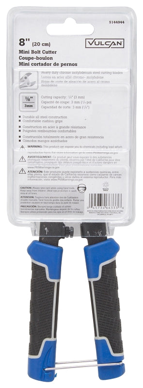 Vulcan JL-WD-01B Mini Bolt Cutter, 3 mm Cutting Capacity, Chrome Molybdenum Steel Jaw, 8 in OAL, Black/Blue Handle