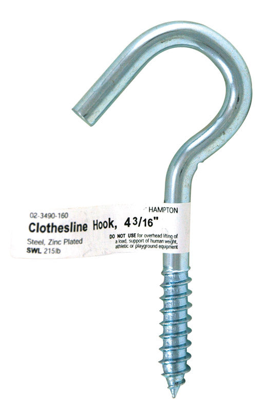 Hampton Small Zinc-Plated Silver Steel 4.1875 in. L Clothesline Hook 215 lb 1 pk, Pack of 10