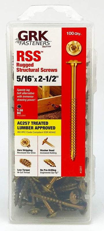 GRK Fasteners RSS 12217 Structural Screw, 5/16 in Thread, 2-1/2 in L, Washer Head, Star Drive, Steel, 100 PK