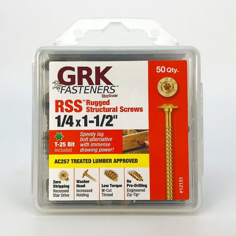 GRK Fasteners RSS 12151 Structural Screw, 1/4 in Thread, 1-1/2 in L, Washer Head, Star Drive, Steel, 50 PK