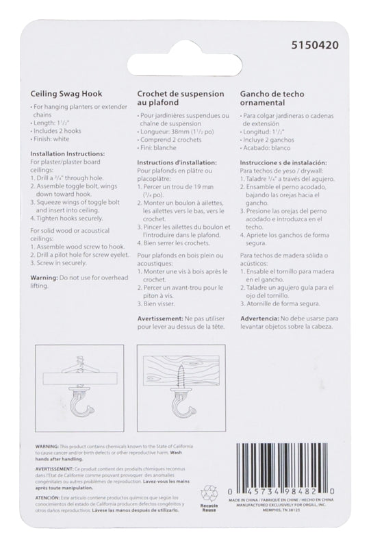 Landscapers Select GB0423L Ceiling Hook, 1-17/32 in H, Zinc, White, Ceiling Mount Mounting