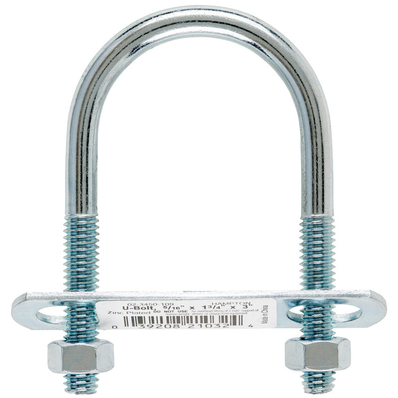 Hampton 5/16 in. X 1-3/4 in. W X 3 in. L Coarse Zinc-Plated Steel U-Bolt, Pack of 10