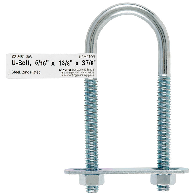 Hampton 5/16 in. X 1-3/8 in. W X 3-7/8 in. L Coarse Zinc-Plated Steel U-Bolt, Pack of 10