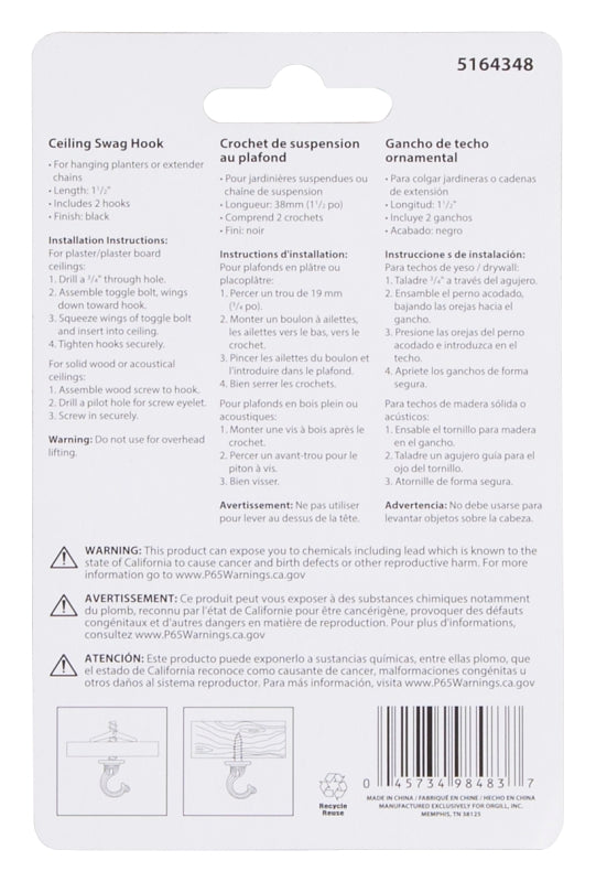 Landscapers Select GB0433L Ceiling Hook, 1-1/2 in L, 1 in H, Steel, Black, Black-Coated, Wall