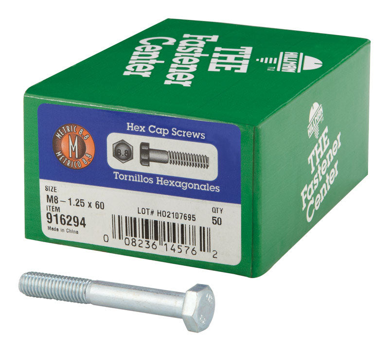 HILLMAN M8-1.25 mm D X 60 mm L Heat Treated Steel Hex Head Cap Screw 50 pk