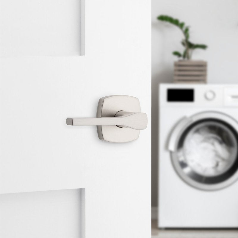 Weiser Prague Series 9GLA1010-137 Passage Door Handle, Lever Handle, Satin Nickel, 2-3/8 to 2-3/4 in Backset