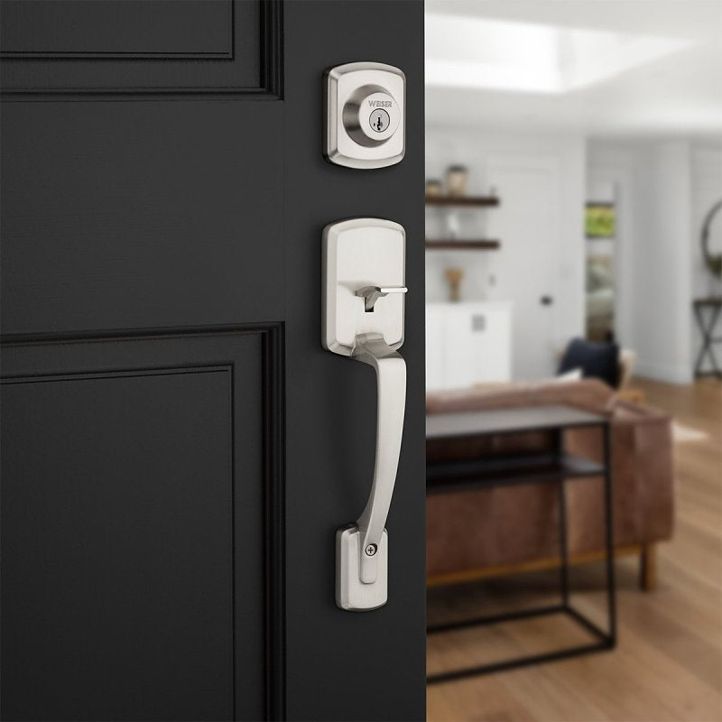 Weiser Elements Henley 9GLC94710-025 Handleset with Henley Lever, 3 Grade, Zinc, Satin Nickel, 1-3/4 in Thick Door