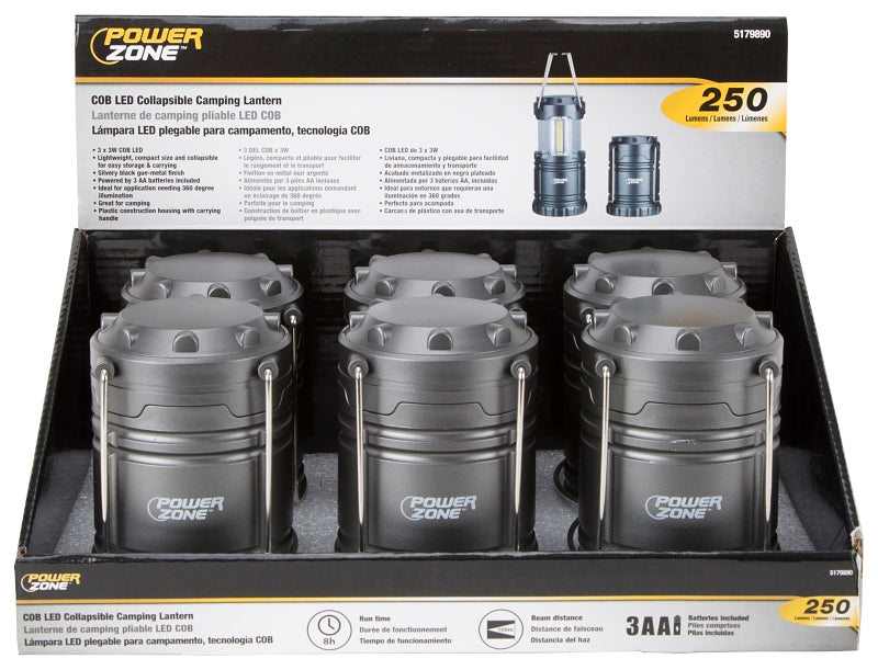 PowerZone LP-6378-COB Collapsible Camping Lantern, LED Lamp, White, ABS, Silvery Black Gun-Metal Finish, Pack of 6