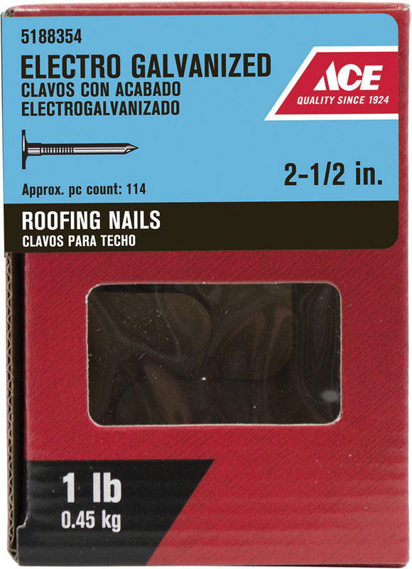 Ace 2-1/2 in. Roofing Electro-Galvanized Steel Nail Large Head 1 lb