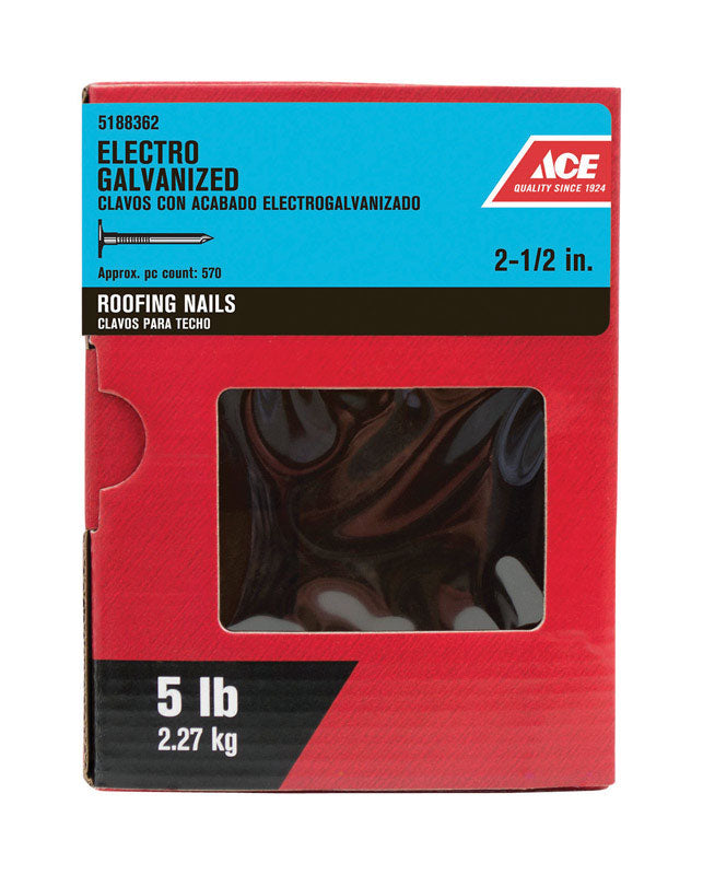 Ace 2-1/2 in. Roofing Electro-Galvanized Steel Nail Large Head 5 lb