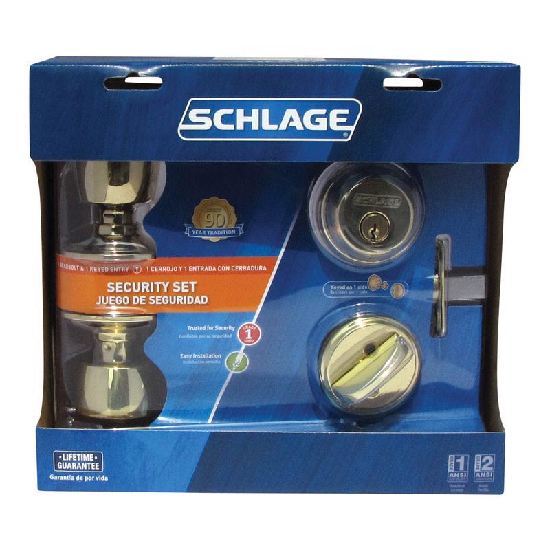 Schlage Bell Bright Brass Deadbolt and Entry Door Knob 1-3/4 in.