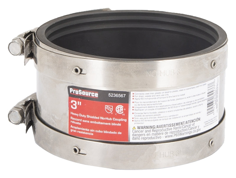 ProSource KJ-010 Coupling, 3 in, Cast Iron, Plastic or Steel to Plastic, Steel or Extra-Heavy Cast Iron Pipes