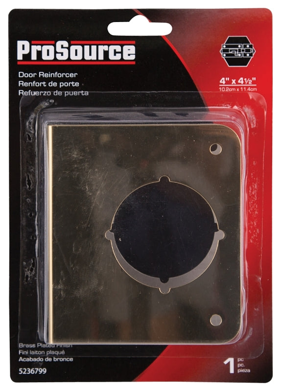 ProSource HSH-044SBP-PS Door Reinforcer, 2-3/8 in Backset, 1-3/4 in Thick Door, Steel, Brass, 4-1/2 in H, 4 in W