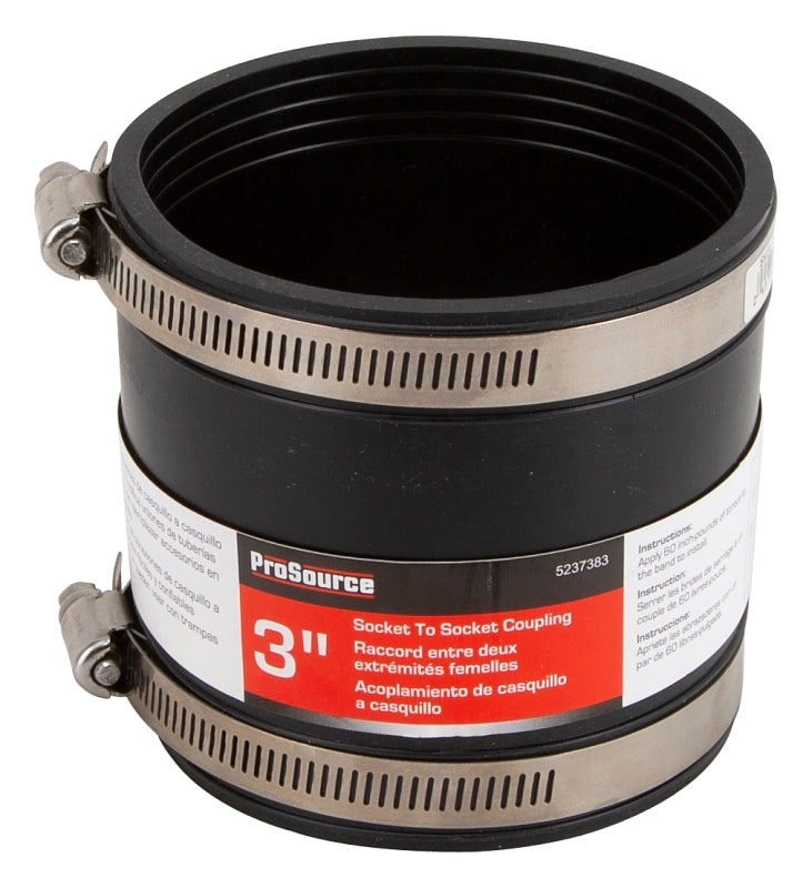 ProSource KJ-011 Coupling, 3 in, Socket to Socket Coupling, PVC, Black