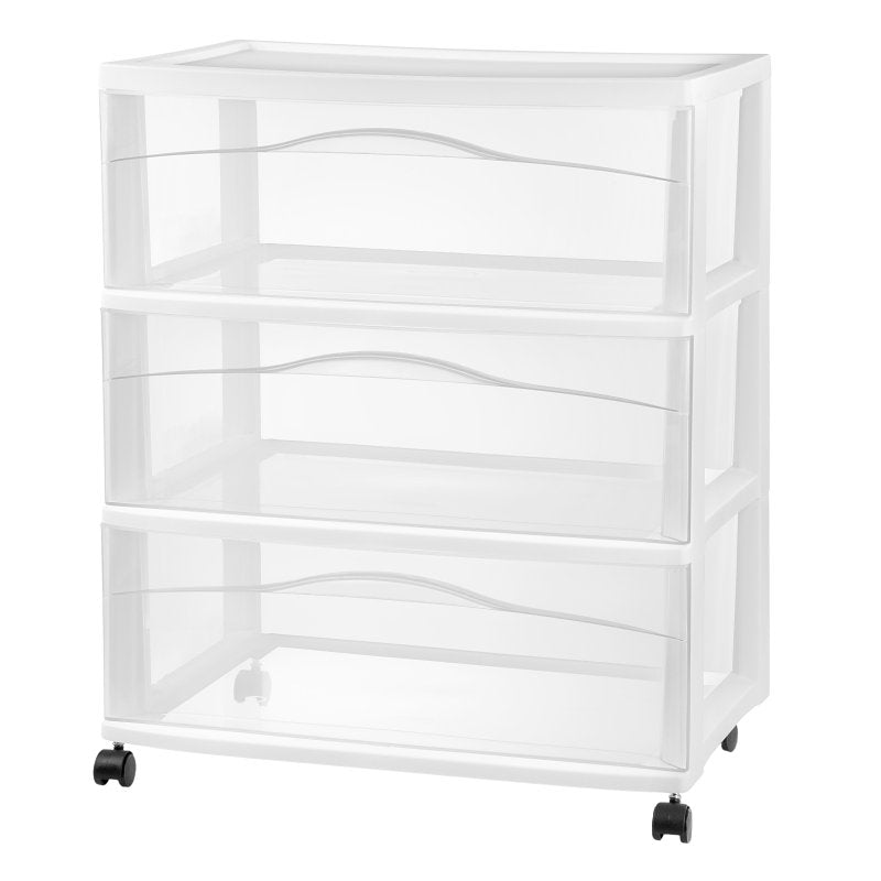 Sterilite 49308001 Wide Drawer Cart, 50 lb Capacity, 3 -Drawer, Plastic, 21-7/8 in OAW, 24-1/2 in OAH, 15-3/8 in OAD
