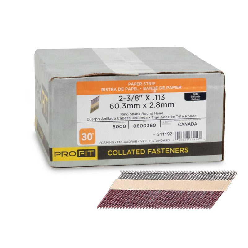 ProFIT 600360 Collated Nail, 2-3/8 in L, Bright, Round Head, Ring Shank