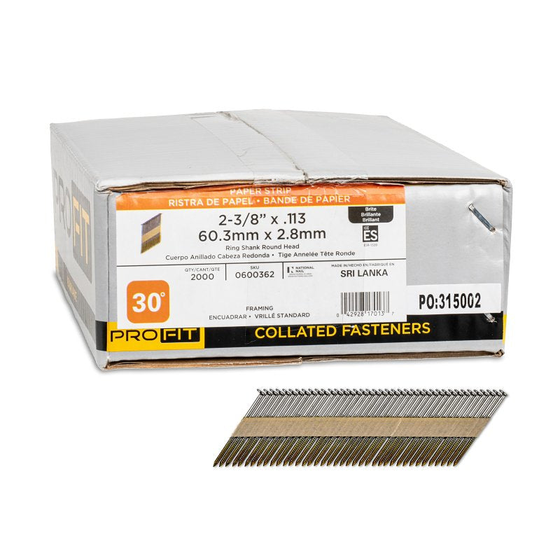 ProFIT 600362 Collated Nail, 2-3/8 in L, Stainless Steel, Bright, Round Head, Ring Shank
