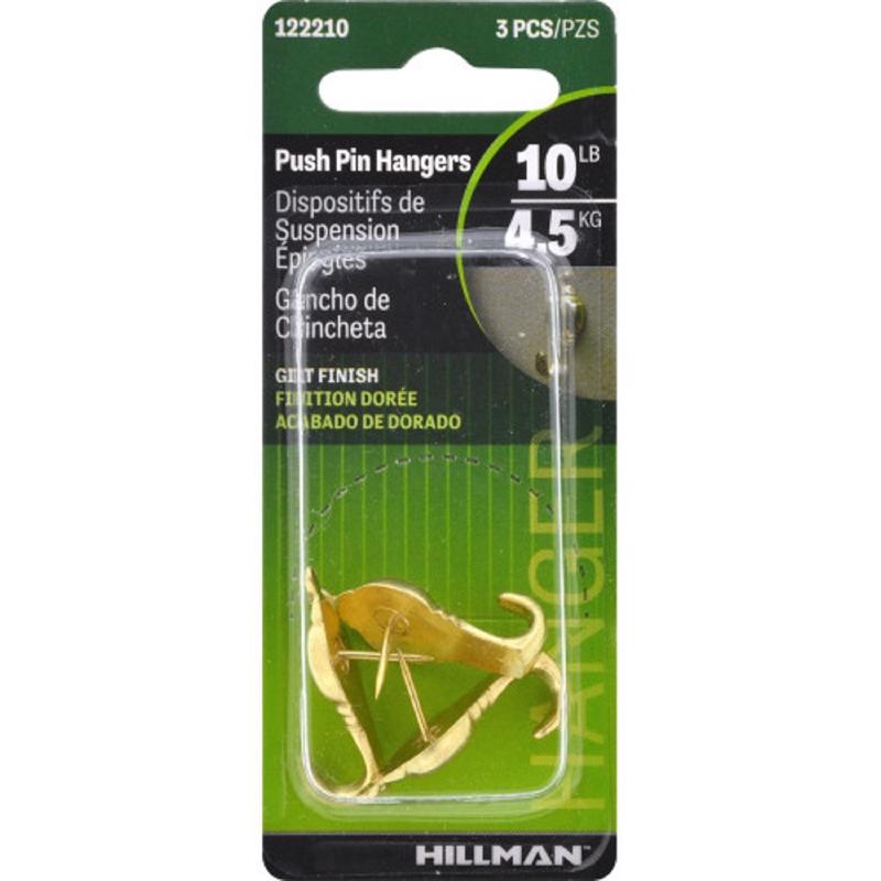 HILLMAN Gilt Push Pin Picture Hook 10 lb 3 pk, Pack of 10
