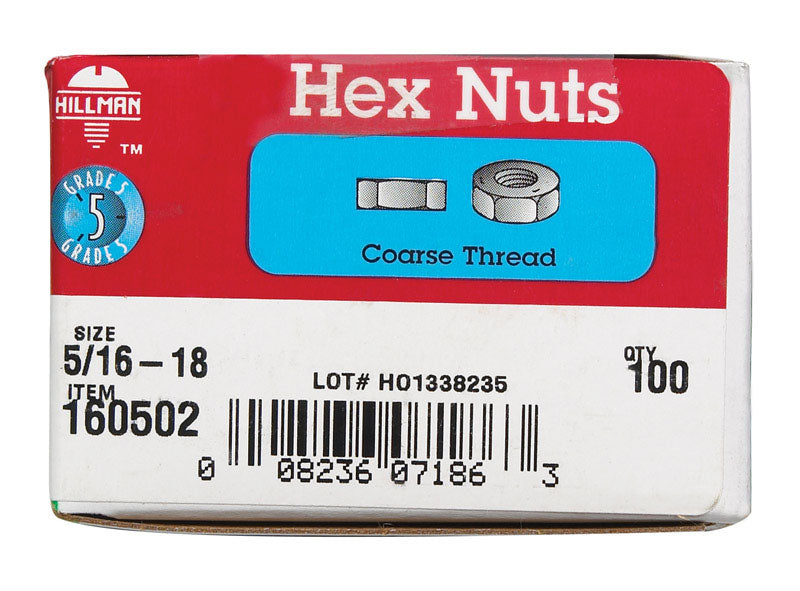 Hillman 5/16 in. Zinc-Plated Steel USS Hex Nut 100 pk