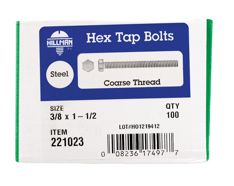 HILLMAN 3/8 in. D X 1-1/2 in. L Zinc Plated Steel Hex Tap Bolt 100 pk