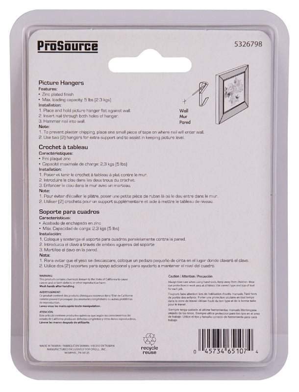 ProSource PH-121005-PS Picture Hanger, 5 lb, Steel, Zinc, Zinc, Nail-In Mounting