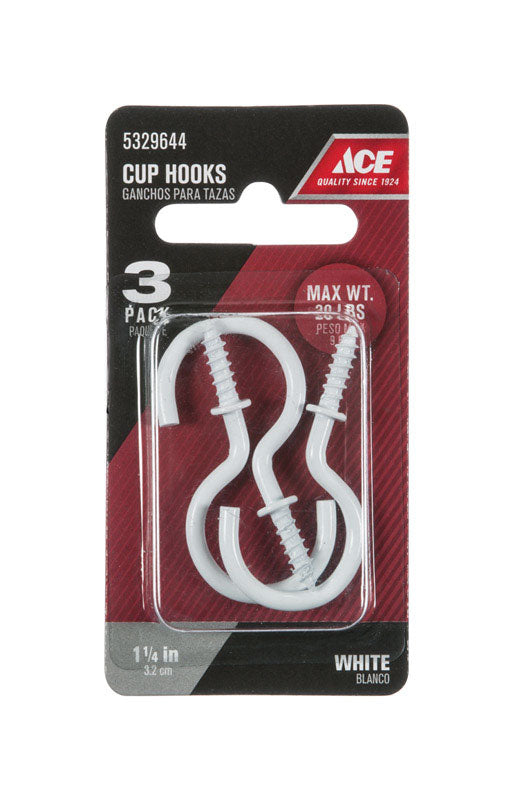 Ace Small White Steel 1.1875 in. L Cup Hook 20 lb 3 pk, Pack of 5