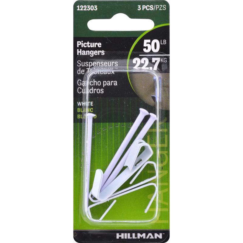HILLMAN Steel-Plated White Standard Picture Hanger 50 lb 3 pk, Pack of 10