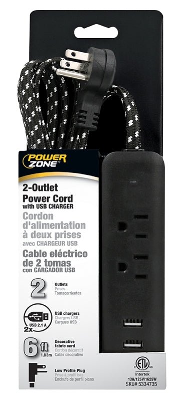 PowerZone ORPBUF0001 Extension Cord, 6 ft L, Black White