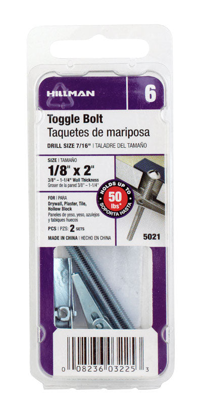 HILLMAN 1/8 in. D X 2 in. L Round Steel Toggle Bolt 2 pk, Pack of 10