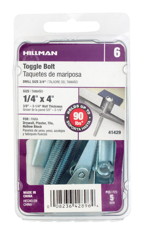 HILLMAN 1/4 in. D X 4 in. L Round Steel Toggle Bolt 5 pk, Pack of 5