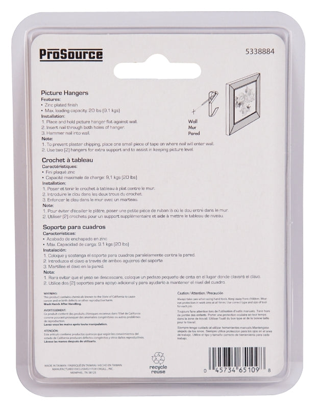 ProSource PH-121020-PS Picture Hanger, 20 lb, Steel, Zinc, Zinc, Nail