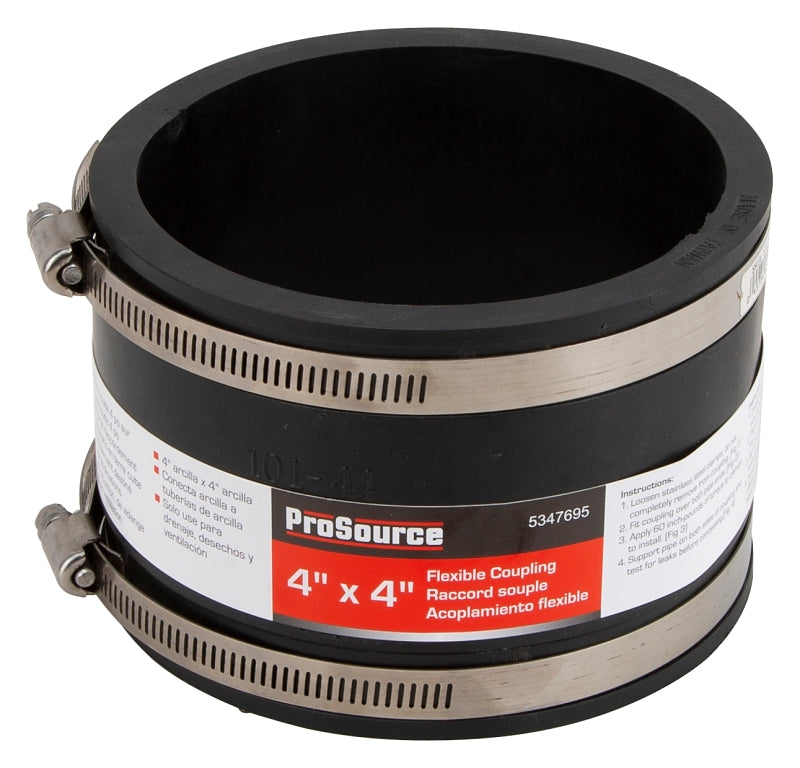 ProSource KJ-018 Coupling, 4 x 4 in, Clay to Clay, PVC, Black