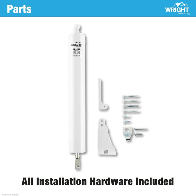 Wright Products V152WH Pneumatic Storm Door Closer, 10-1/2 in Dia Rod, 12-1/4 in L, Gloss, 90 deg Opening
