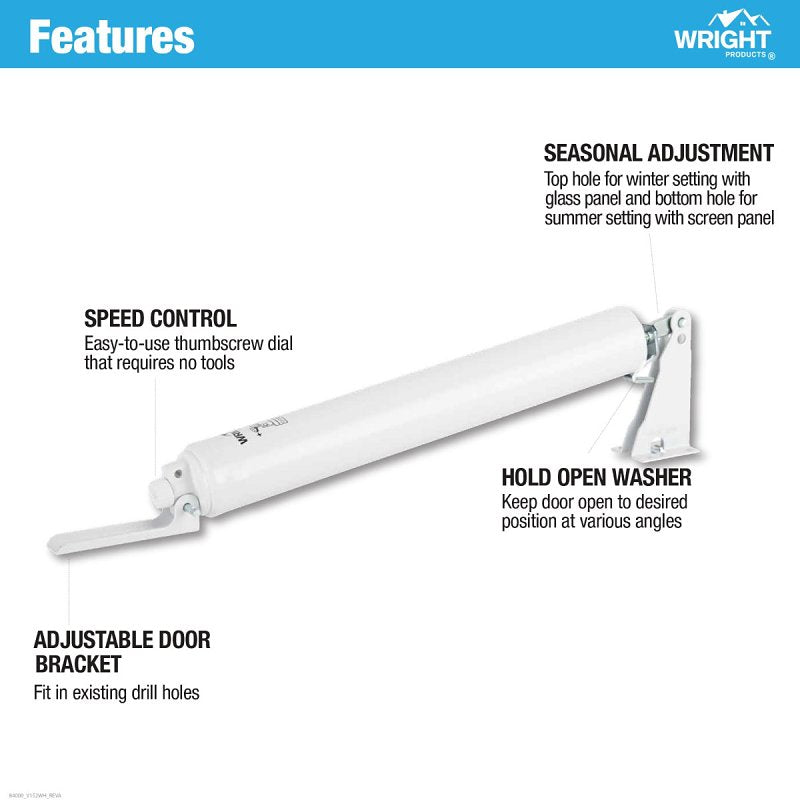 Wright Products V152WH Pneumatic Storm Door Closer, 10-1/2 in Dia Rod, 12-1/4 in L, Gloss, 90 deg Opening