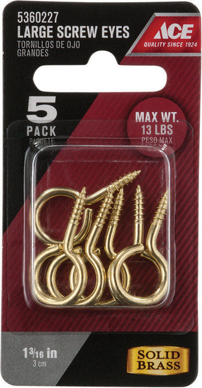 Ace 1/8 in. D X 1-3/16 in. L Polished Brass Screw Eye 13 lb. cap. 5 pk, Pack of 5