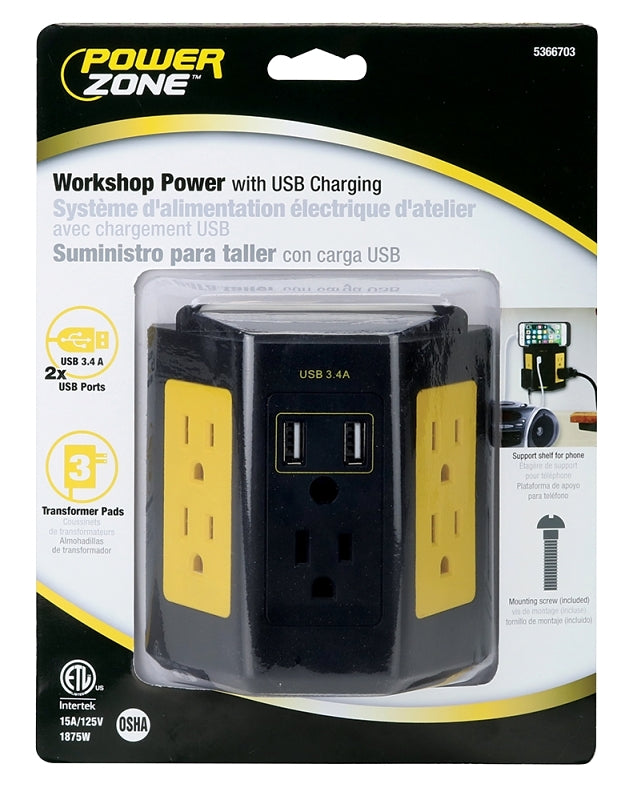 PowerZone ORPBWTU345 Outlet Adapter, 3.4 A, 2-USB Port, 5-Outlet, Black/Yellow