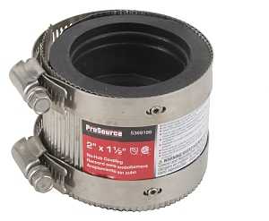 ProSource KJ-020 Coupling, 2 x 1-1/2 in, Cast Iron, Plastic and Steel Drain Pipes, Rubber/Stainless Steel