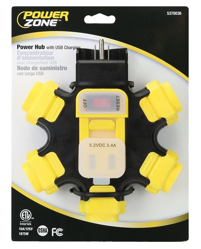 PowerZone ORPBPHU345 Outdoor Power Hub, 3.4 A, 125 V, 2-USB Port, Black/Yellow