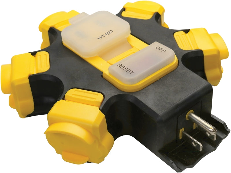 PowerZone ORPBPHU345 Outdoor Power Hub, 3.4 A, 125 V, 2-USB Port, Black/Yellow