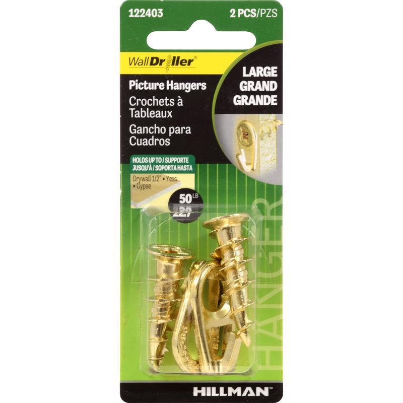 HILLMAN Brass-Plated Gold Drywall Picture Hook 50 lb 2 pk, Pack of 10